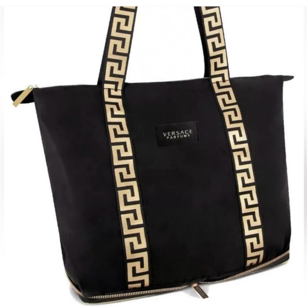 Versace Black Tote with Gold Greek Key Straps Pouch